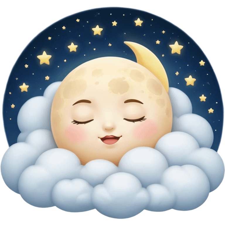 Cinematic adorable moon with a sleepy face, round and chubby, soft glowing light, tiny rosy cheeks, resting on a bed of fluffy clouds, dreamy and peaceful. emoji