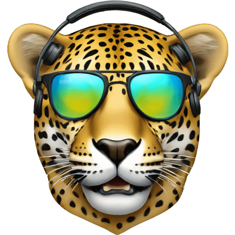 fashionable jaguar dj, emoji head, looking forward, wearing reflective sunglasses, wearing over-ear headphones on top of head emoji