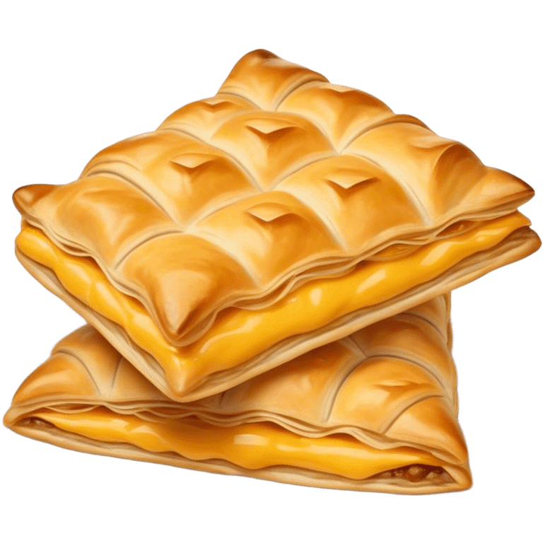 Cinematic Realistic Burek sa Sirom Dish Emoji, showcasing a flaky pastry filled with cheese rendered with crisp textures and appetizing, warm lighting. emoji