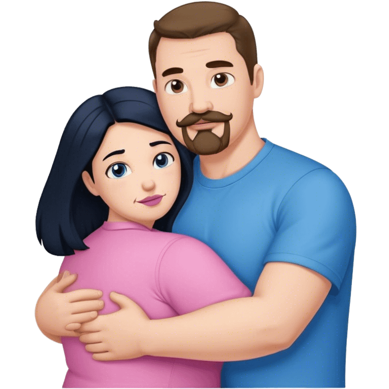 Tall strong white man with brown mustache goatee wearing blue hugging a chubby short pale woman with long black hair wearing pink emoji