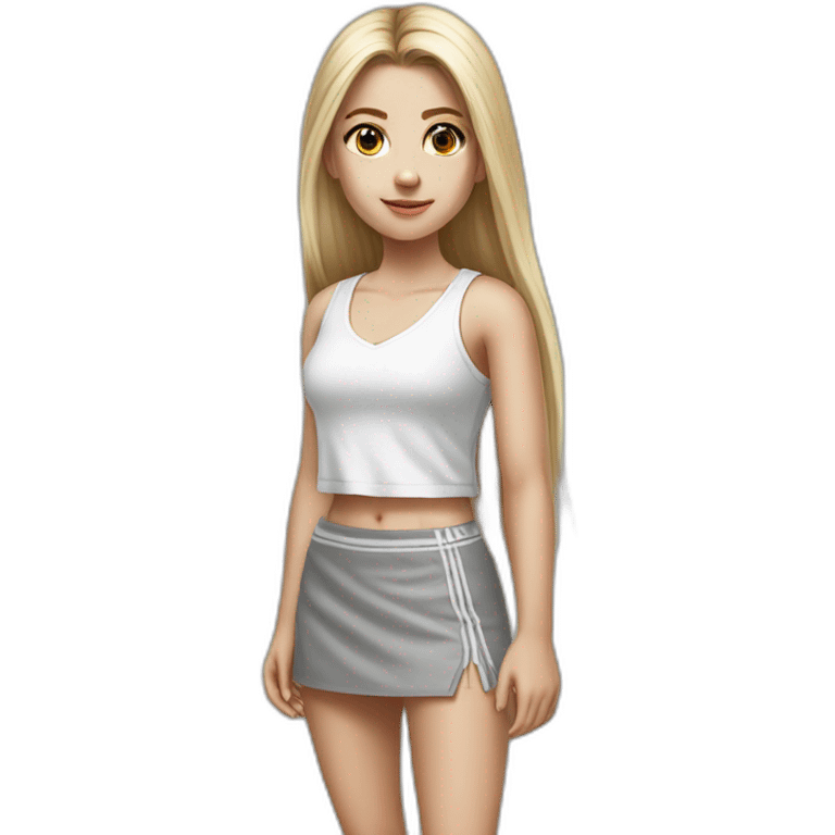 hyperrealist caucasian girl, long straight blonde hair, white v-neck laced crop tanktop, grey tight mini skirt, sneakers, facing camera emoji