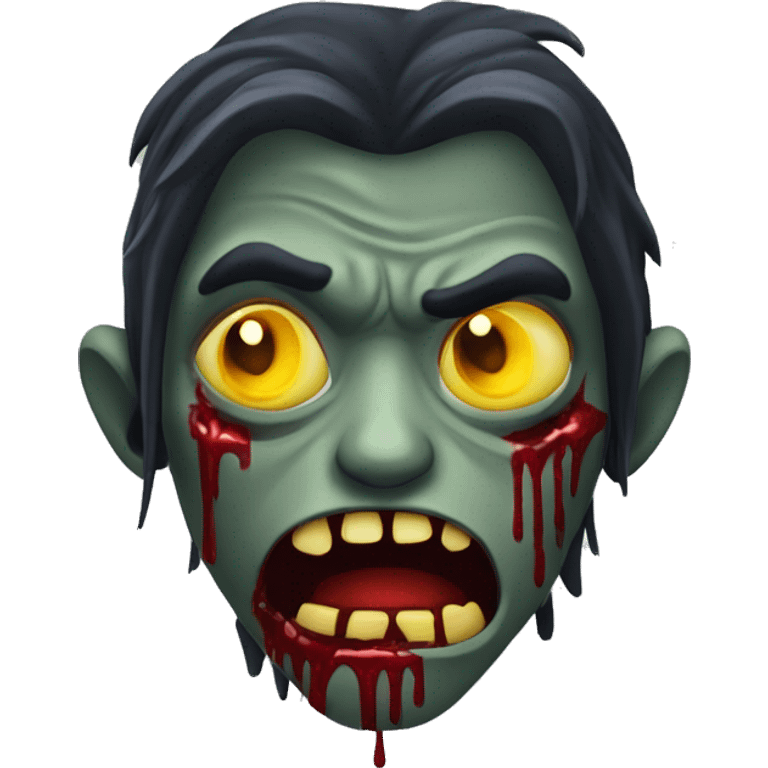 zombie vampire with a really dark skin and a sad face with yellow sharp teeth and blood and long hair covering the face emoji