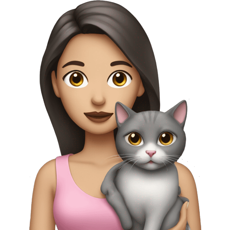 brunette with pink lips holding a grey cat emoji