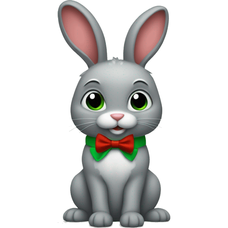 Gray bunny, one leg and one arm colored green, both ears are green, has a red bowtie on their neck emoji