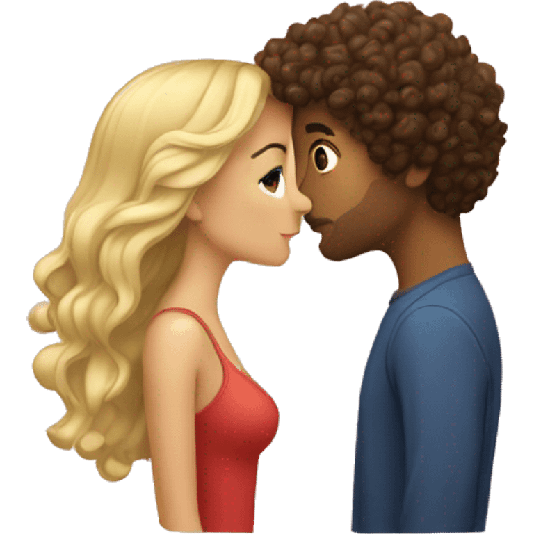 Blonde girl and curly brunette guy kissing emoji