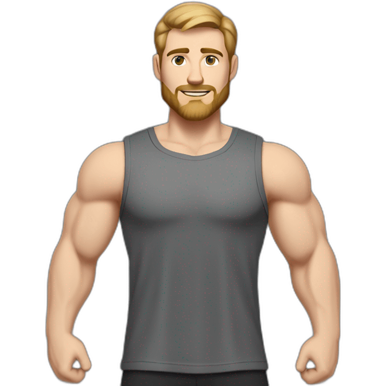 Full height Pale skinned fit man With biceps, Realistic eyes and mouth, light brown hair and stubble In dark gray sleeveless mike, black oversize sports shorts, watch and white sneakers. emoji