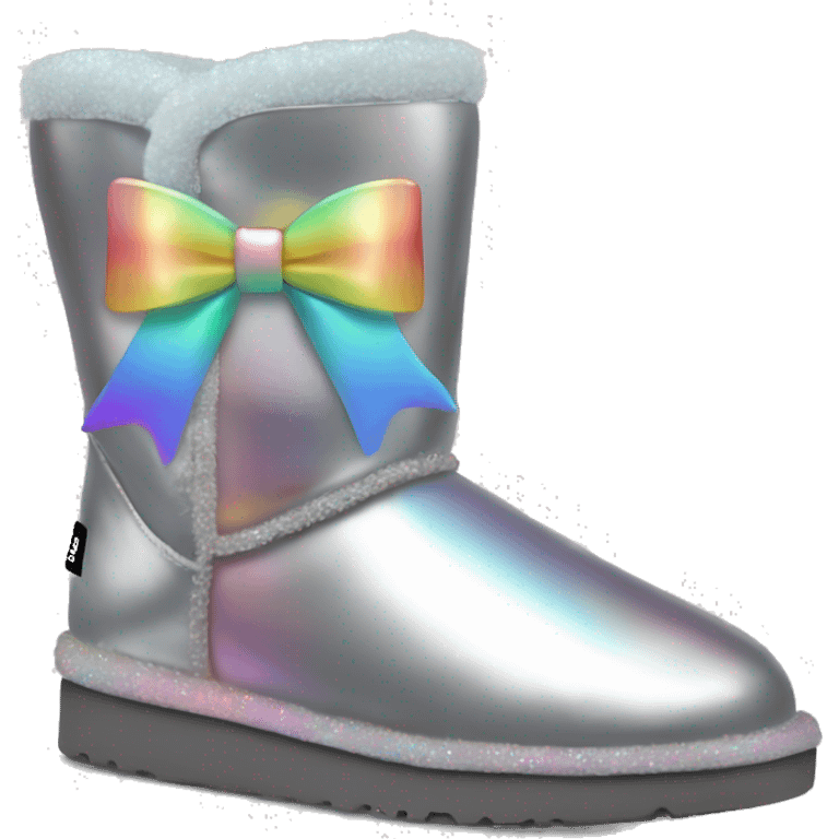 Realistic silver iridescent Ugg boots with pastel rainbow bow. emoji