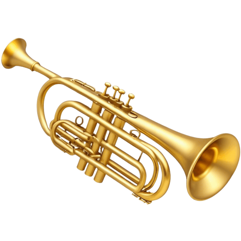 Create a sleek and professional emoji representing a Stomvi trumpet. The design should showcase the shiny, polished brass body of the trumpet with its distinct bell, valves, and tuning slides. Highlight the intricate keywork and the valve pistons, with detailed metallic accents and subtle reflections on the surface. The mouthpiece should be visible at the top of the instrument. Use golden and brass tones with light reflections to emphasize the smooth, high-quality finish. Add a few musical notes floating around the trumpet to evoke its bright and resonant sound. The background should be transparent. emoji