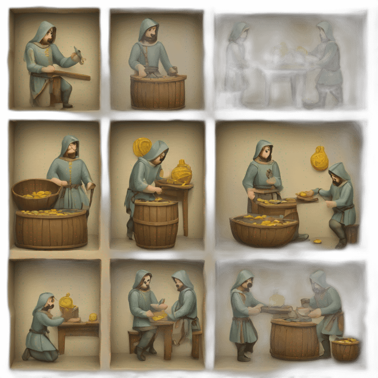 inside of a medieval mint showing different people working emoji