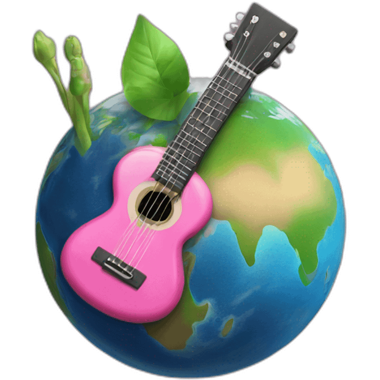 Big planet earth with a small guitar, a small green brush and a small pink skirt around emoji