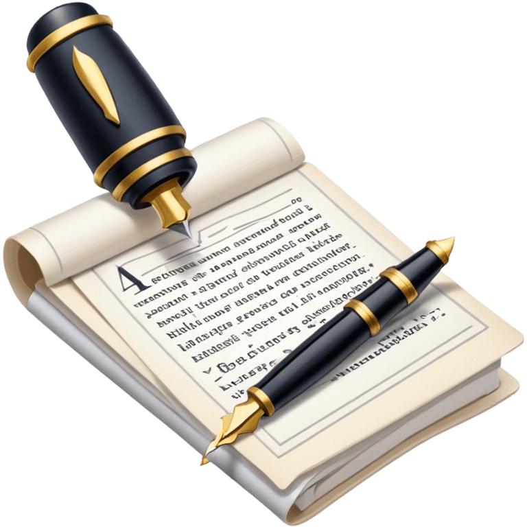 Create an emoji representing journalism and publicistic writing. The design should feature an open newspaper or a stack of articles with visible text columns, symbolizing opinion pieces and analysis. A classic fountain pen or ballpoint pen should be placed near the papers, indicating the act of writing. Optionally, include a small microphone or a press badge to emphasize investigative and journalistic aspects. Use neutral and professional colors like black, white, and muted blue or red. Do not include any emojis or smiley faces. Make the background transparent. emoji