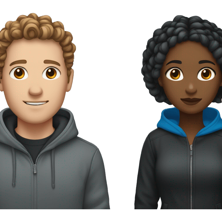 a white male with curly brown hair and a grey hoodie, next to a black woman with braids that fade from blue to black, wearing a black jacke emoji