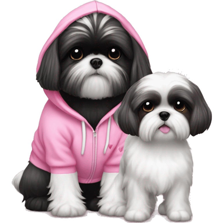 one very cute black and white  shih tzu girl and one white  girl maltaise dog wearing a pink hoodie with hearts emoji