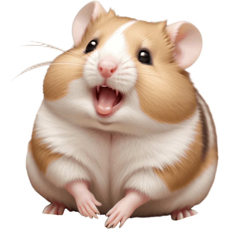 Cinematic Cute Yawning Brown and White Banded Hamster Portrait Emoji, Head tilted slightly with a dramatic, wide-open yawn, revealing a soft, banded fur of brown and white with tiny droopy ears, round dark eyes barely open in drowsy contentment, Simplified yet irresistibly adorable features, highly detailed, glowing with a soft, cozy glow, high shine, relaxed yet expressive, stylized with a touch of whimsy, bright and endearing, soft glowing outline, capturing the essence of a sleepy yet affectionate hamster, so drowsy it feels like it could stretch out of the screen and curl up for a nap! emoji