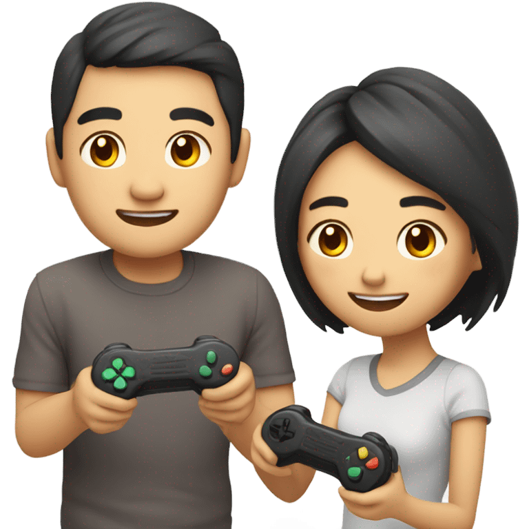 Cute Asian Couple sitting together and having fun playing video games emoji