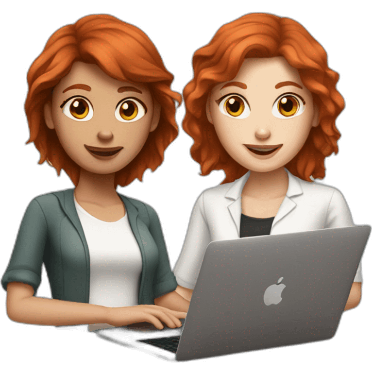 two girls with brown and red hair and white skin with a MacBook emoji