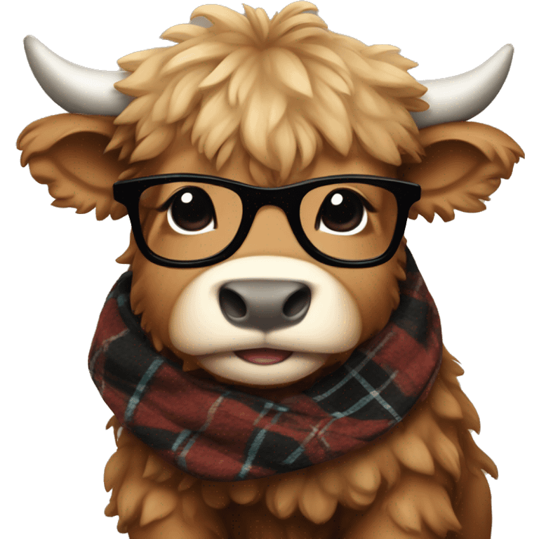 brown fluffy baby scottish cow with scarf and black glasses emoji