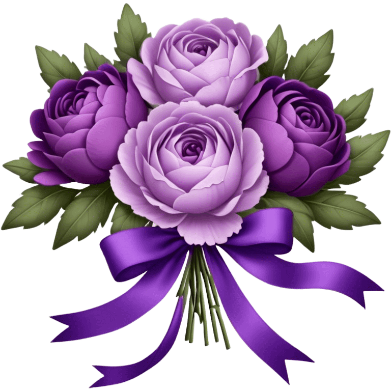 A vintage bouquet of lavender-hued peonies, deep violet roses, and soft lilac pansies, tied together with a silk ribbon in shades of plum and amethyst, rests beneath the glow of a crescent moon. Scattered around are tiny embroidered hearts on a delicate lace handkerchief, while the scent of dried lavender lingers in the cool evening air. emoji