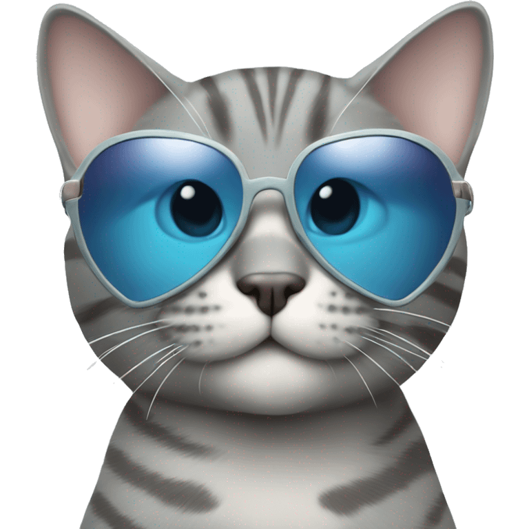 Grey tabby cat wearing light blue heart shaped sunglasses emoji