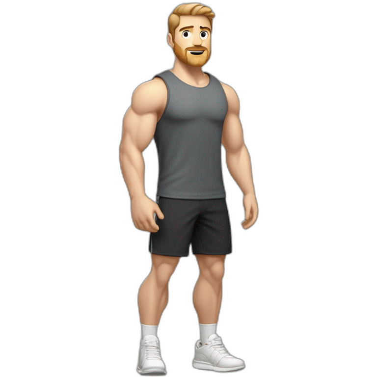 Full height Pale skinned fit man With biceps, Realistic eyes and mouth, light brown hair and stubble In dark gray sleeveless mike, black oversize sports shorts, watch and white sneakers. emoji