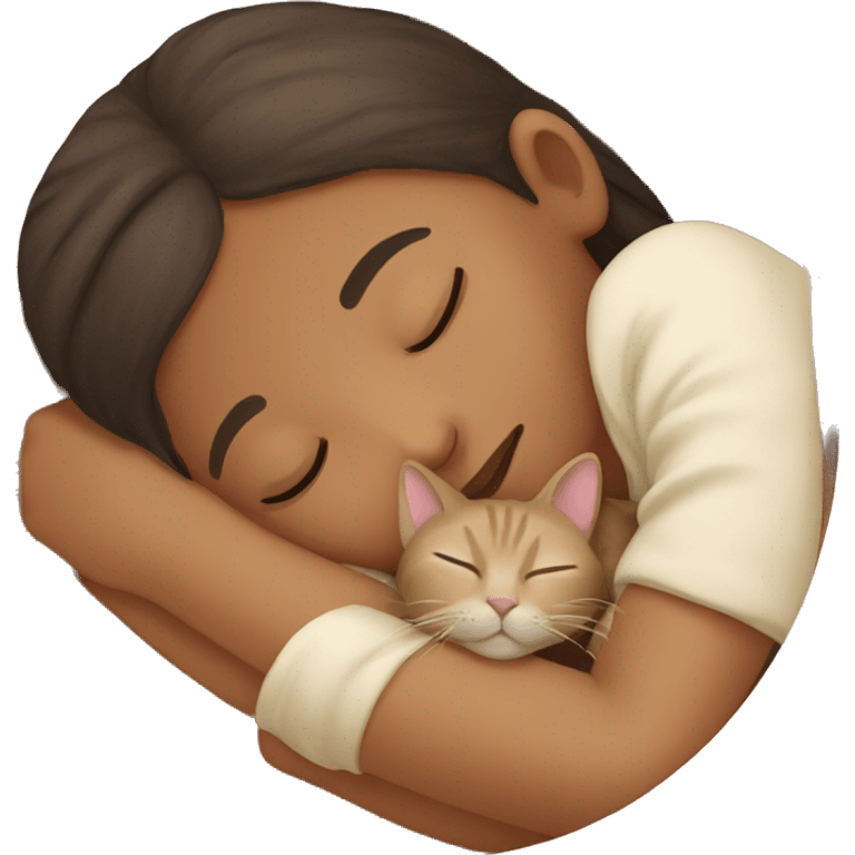 Beige cat sleeping with brown girl emoji