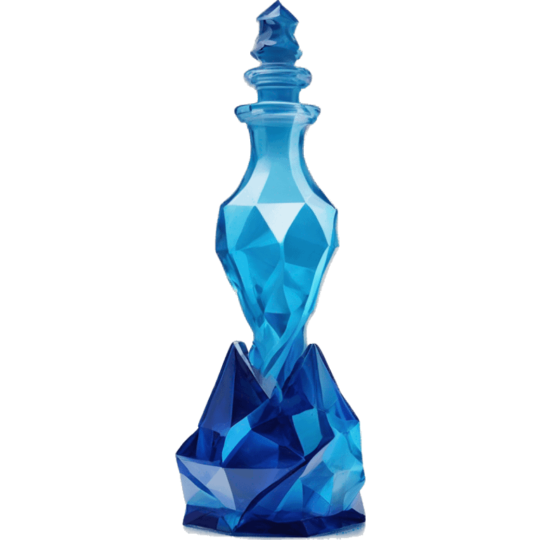 symbolic ocean in a bottle sculpture symbolizing Pisces with a geometric, faceted design. The bottle is standing upright with angular and baroque features. The vibrant deep blue waves colors highlights the sharp edges and planes.  emoji