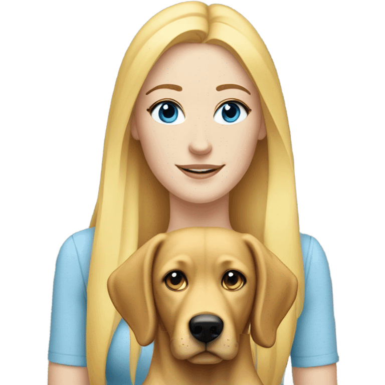 white woman with freckles, blue eyes and long blonde hair alongside a yellow-lab dog emoji