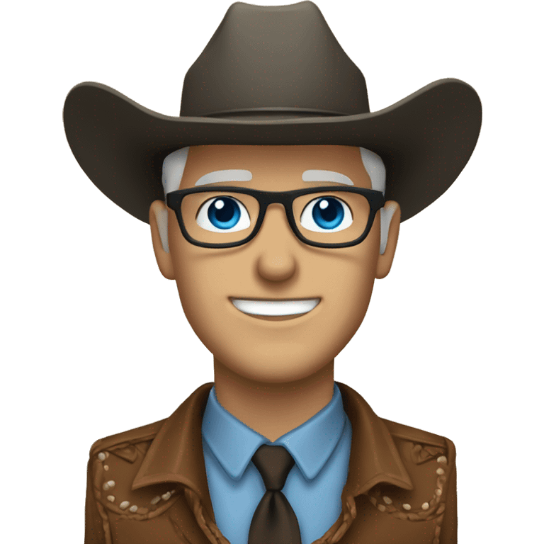 White man with glasses, cowboy hat, blue eyes, and bolo tie emoji