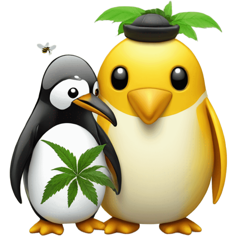 Penguin and bee with marijuana leaf emoji