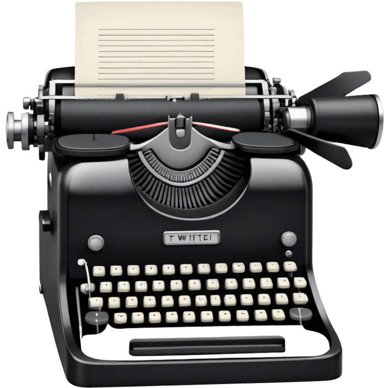 Create an emoji representing screenwriting. The design should feature an open script with visible dialogue and action lines, symbolizing the writing of a screenplay. Include a classic typewriter to signify the process of creating a script and a movie camera behind . Use a professional color palette with black, white, and subtle metallic tones. Do not include any emojis or smiley faces. Make the background transparent. emoji