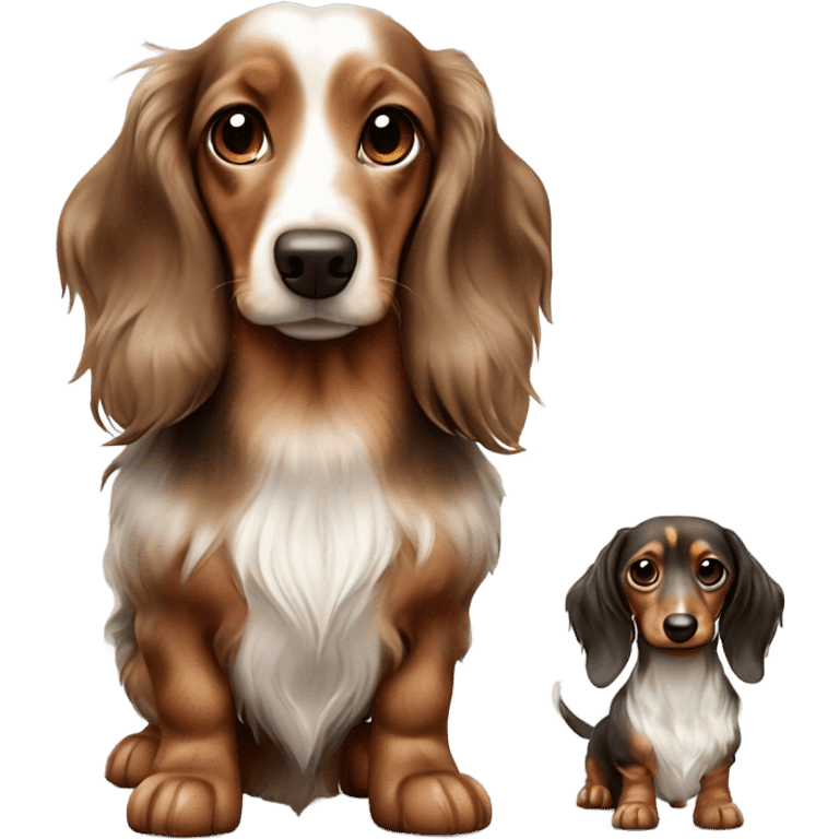 Two brown Merle long haired Dachshunds full body one is smaller emoji