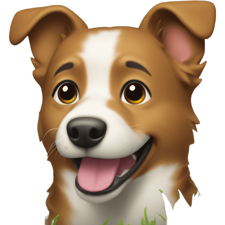 happy dog in the grass, right side of the face has brown fur emoji