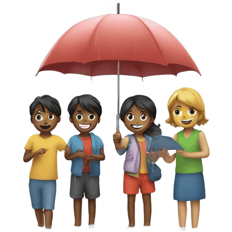 3 kids with a umbrella playing with a paper ship in the rain emoji