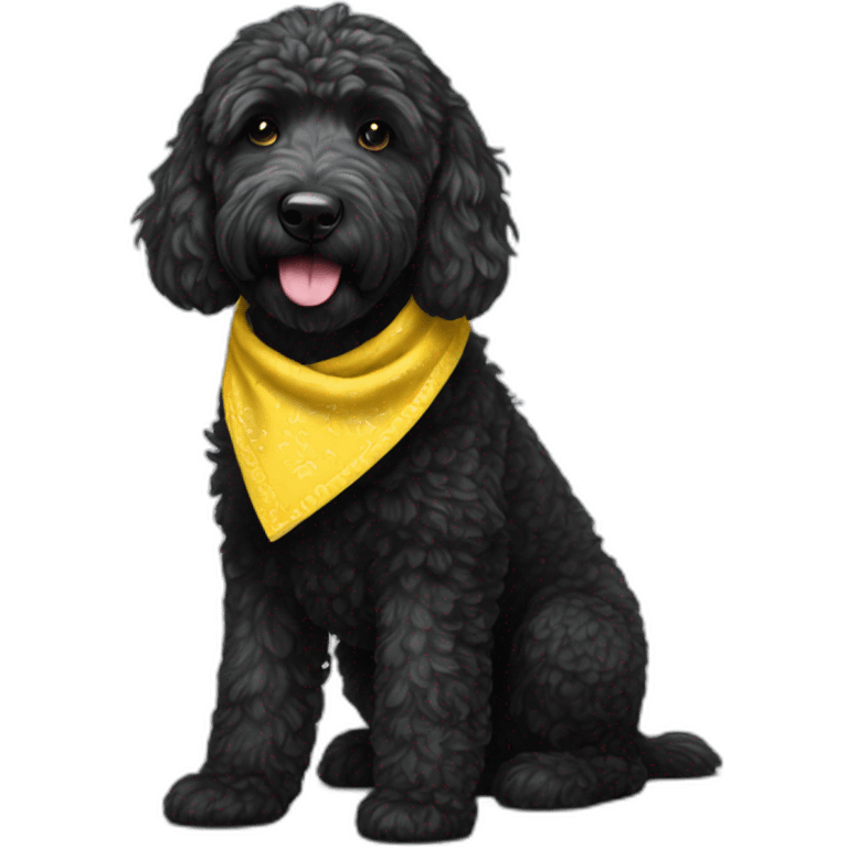 Black golden doodle wearing a yellow bandana emoji