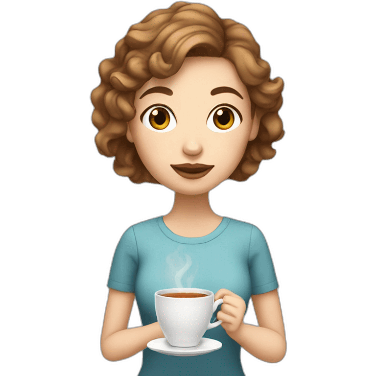 white girl with wavy brown short hair drinking tea emoji