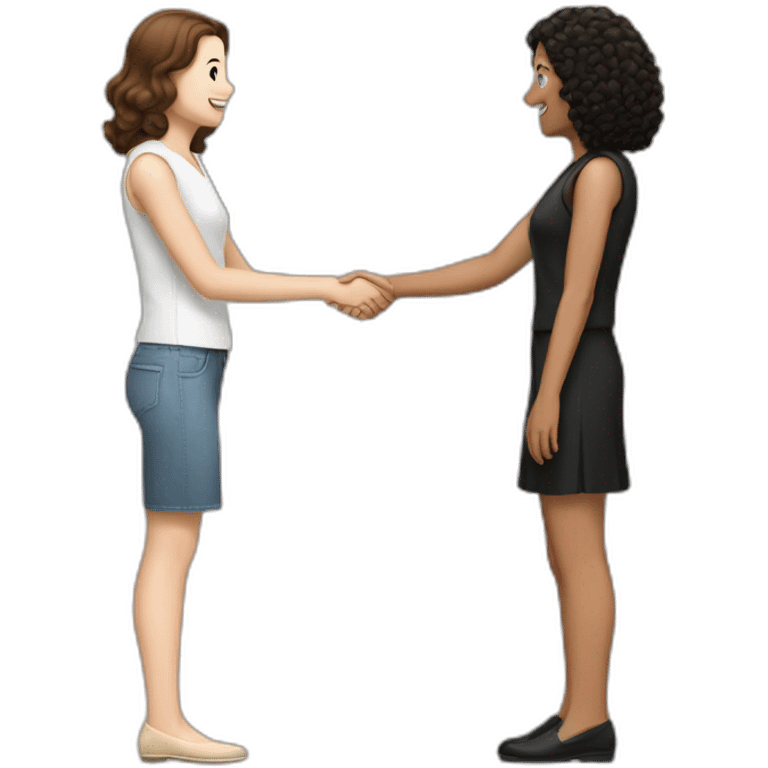 mid-sized pale woman with straight brown hair shakes hands with a tan mid-sized woman with black curly hair emoji