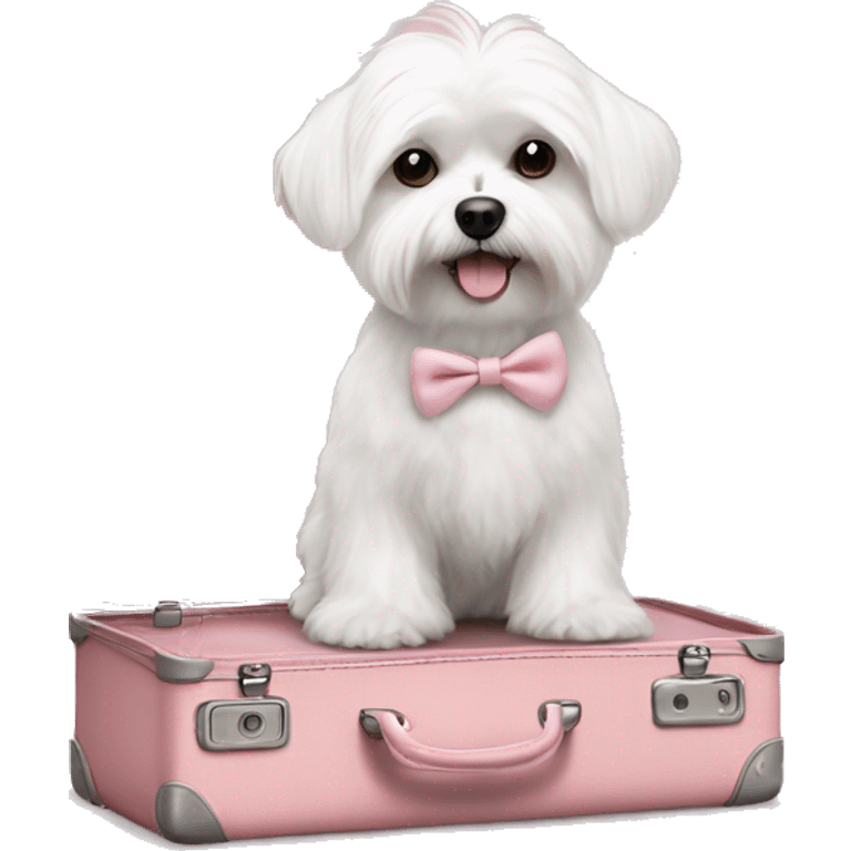 Maltese dog in a light pink bag standing on a suit case  emoji