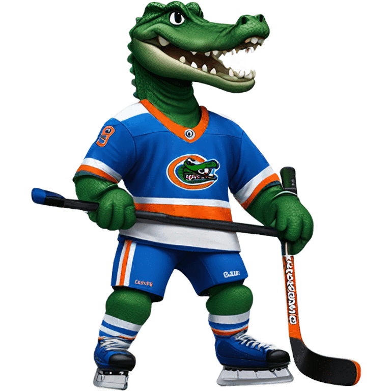 A gator playing hockey with a epic gators tv jersey and a visor emoji