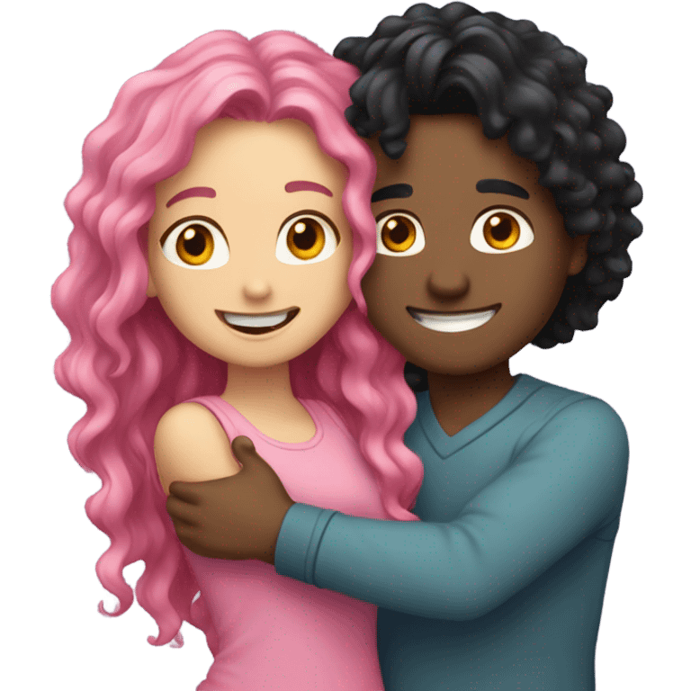 make a guy and a girl, they are hugging, the girl has pink long wavy hair. The guy has black hair and light skin emoji