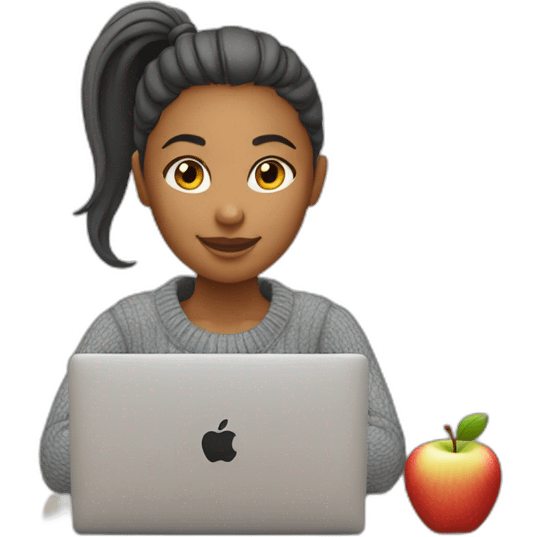 Woman with ponytail and gray sweater sitting at table with Apple laptop emoji