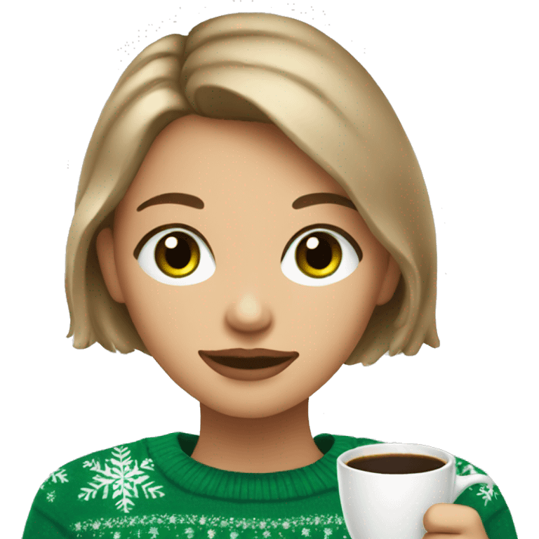 Light brown short haired girl with green eyes drinking coffee wearing blue Christmas sweater emoji