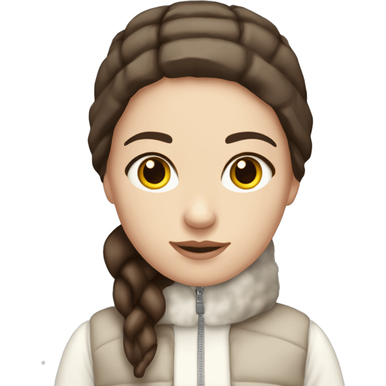 white girl with straight brown hair and dark brown eyes wearing a white and brown winter outfit emoji