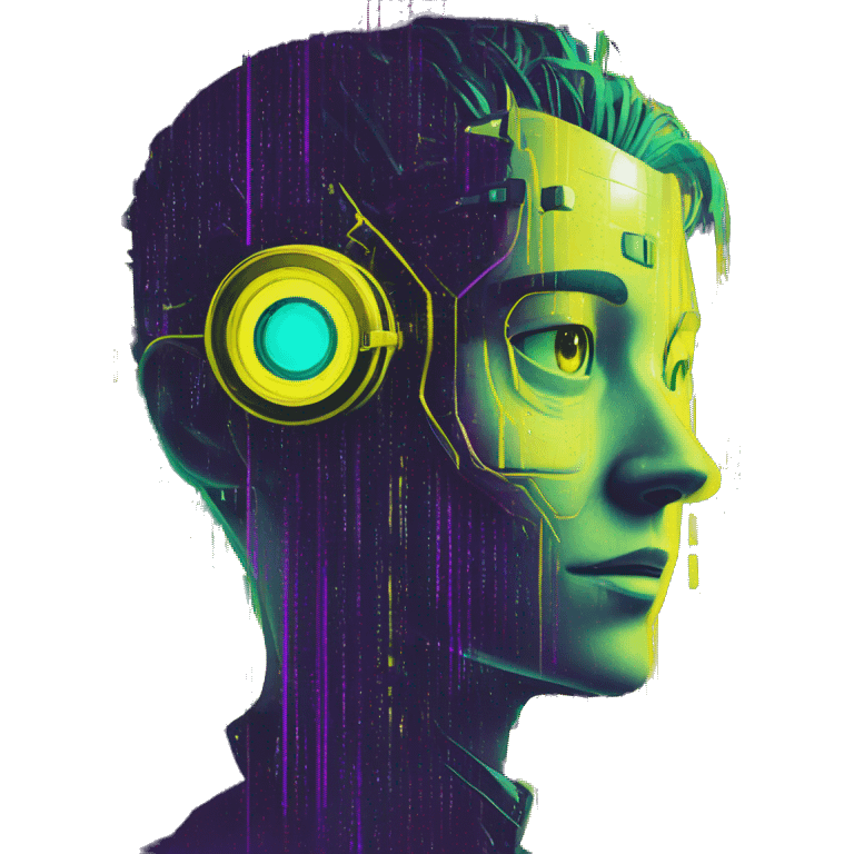 Secret human yellow emoji face agent with  cyberpunk elements with a spyglass scanning looking reviewing multicolor lines of code, cyan and purple colors, only upper body portrait emoji