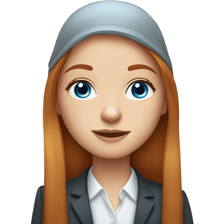 Cute portrait of girl in bussines with long straight ginger hair, freckles and blue eyes and she is very cute amd classy emoji