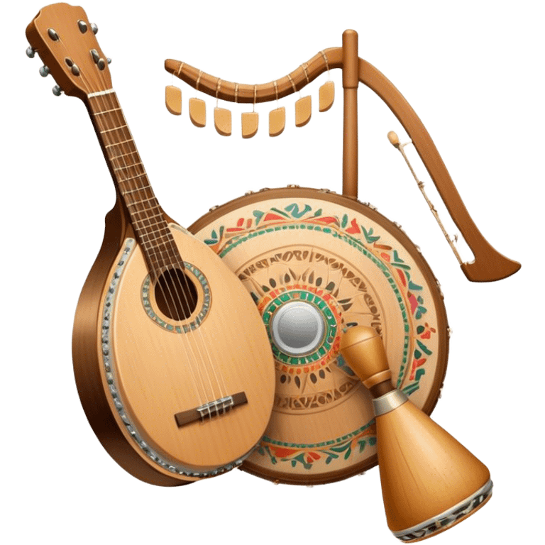 Create a warm and inviting humanless emoji representing folk singing. The design should feature a traditional microphone, perhaps with a wooden texture, symbolizing the rustic and authentic feel of folk music. Surround the microphone with subtle elements such as a hand-played tambourine, an accordion, or a balalaika to reflect the folk instruments. Add flowing musical notes to symbolize the vocal melodies. Use earthy, natural colors like browns, reds, and greens to evoke a sense of tradition, warmth, and connection to the community. The background should be transparent. emoji