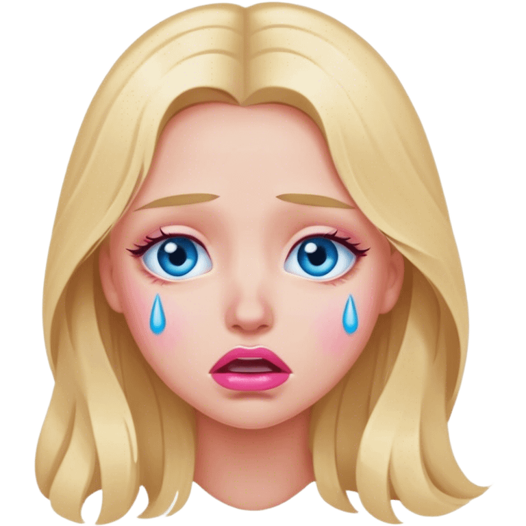 A beautiful blonde girl with long hair, blue eyes, pink lips is crying emoji