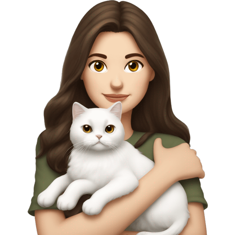 Brunette woman snuggling white Persian cat emoji