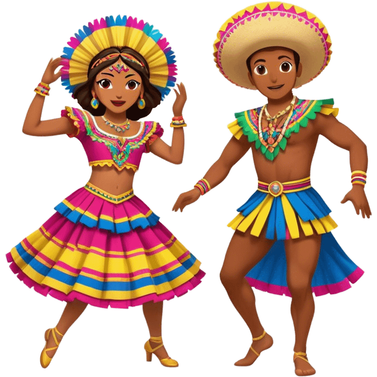 Cinematic Realistic scene of two dancers performing Cumbia, adorned in colorful traditional Colombian costumes with intricate details, captured in rhythmic motion with lively, festive lighting emoji