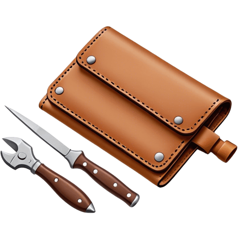 Leatherworking icon, piece of raw leather being crafted into a leather wallet or belt with engraving, professional tools like leather stitching awl, edge beveler, hammer, prying tool, minimalistic style, clean lines, transparent background. emoji