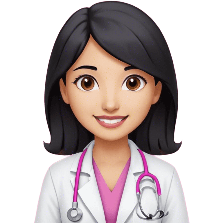 A indian female doctor with black hair , doe eyes smiling a little , wearing white lab coat over dark pink scrubs and properly drawn stethoscope  emoji